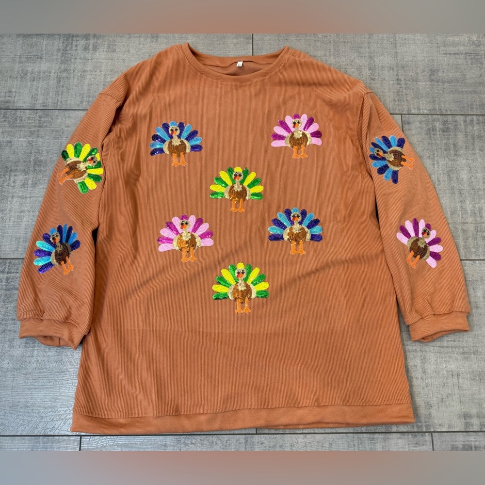 NWT Turkey Sequin Corded Brown Sweatshirt Size Medium Thanksgiving
